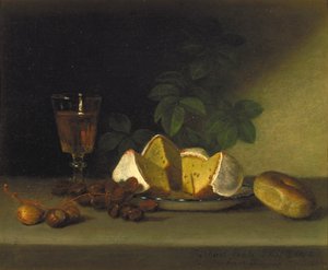 Asetelma viinin, kakun ja pähkinöiden kanssa, 1819
